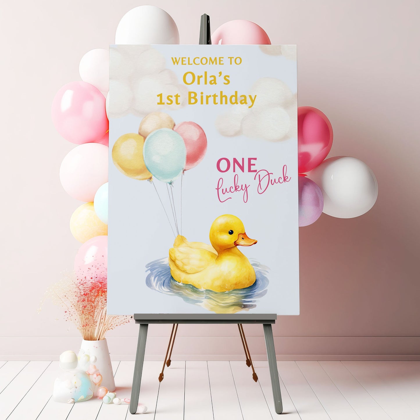 Duck First Birthday Party Welcome Sign One Lucky Duck Birthday Sign Rubber Duck Party Sign, Printed Foamboard