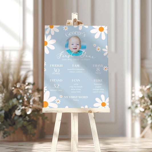 Blue Daisy First Birthday Milestone Sign 1st Year Milestone Sign in Blue Boho Theme Son 1st Birthday Party, Printed Foamboard