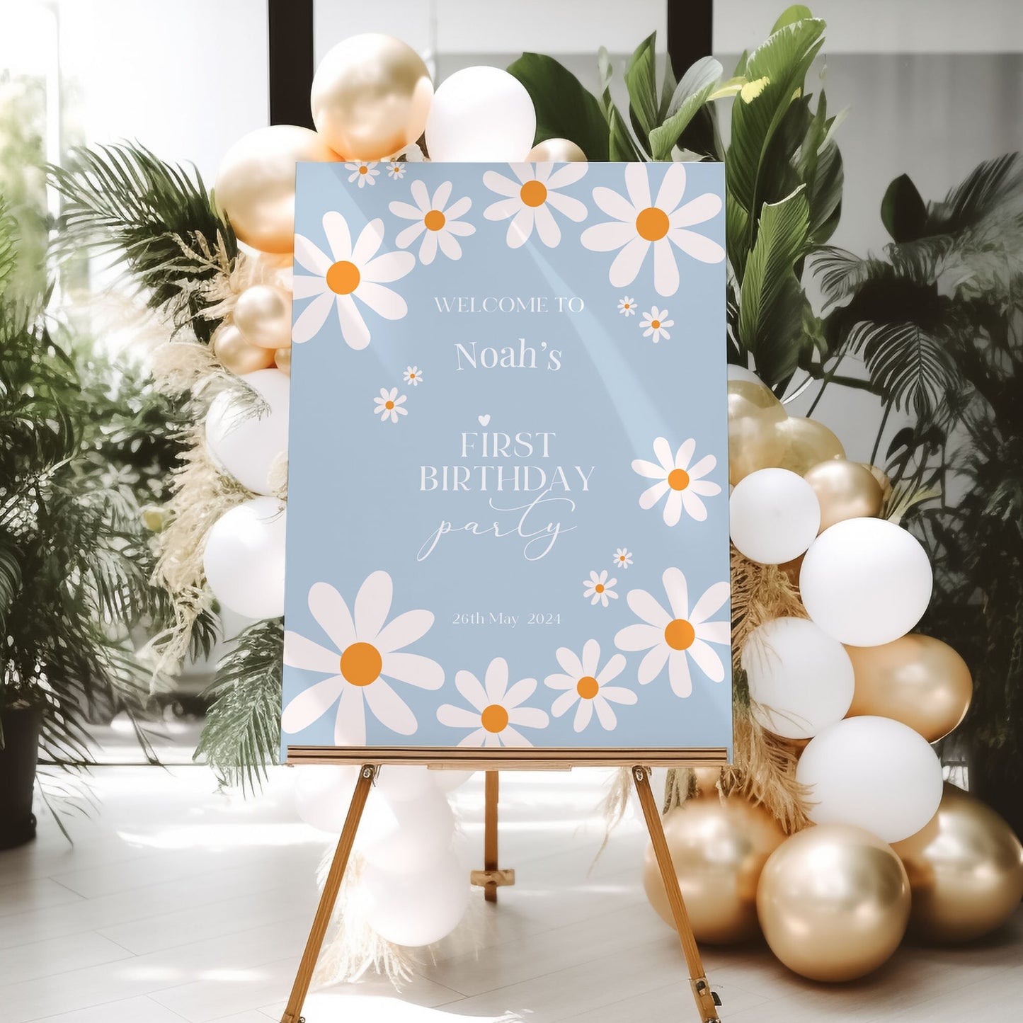 Blue Boho 1st Birthday Party Sign Daisy Birthday Party Welcome Sign Boy 1st Birthday Welcome Sign, Printed Foamboard