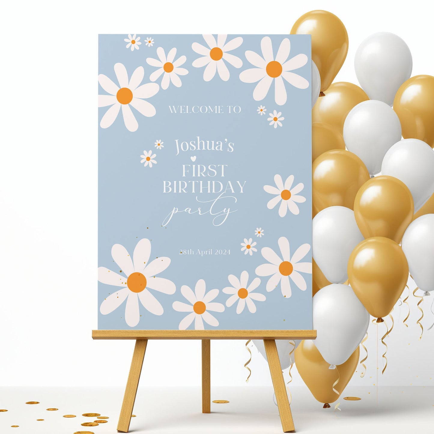 Blue Boho 1st Birthday Party Sign Daisy Birthday Party Welcome Sign Boy 1st Birthday Welcome Sign, Printed Foamboard