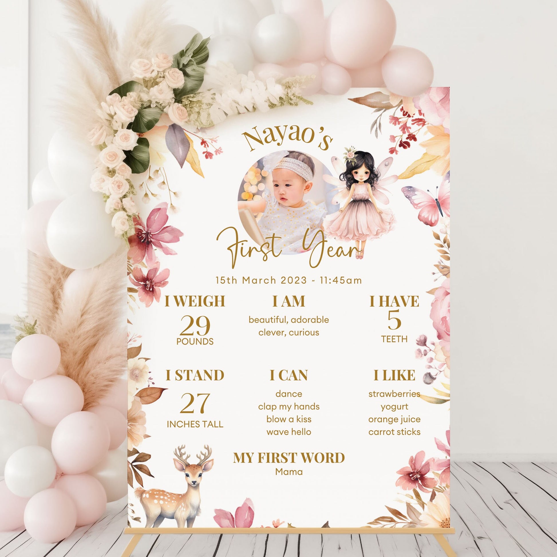 Pink 1st Birthday Milestone Sign First Year Milestone Sign My Fairy First Birthday Décor Fairy Garden Party Sign, Printed Foamboard