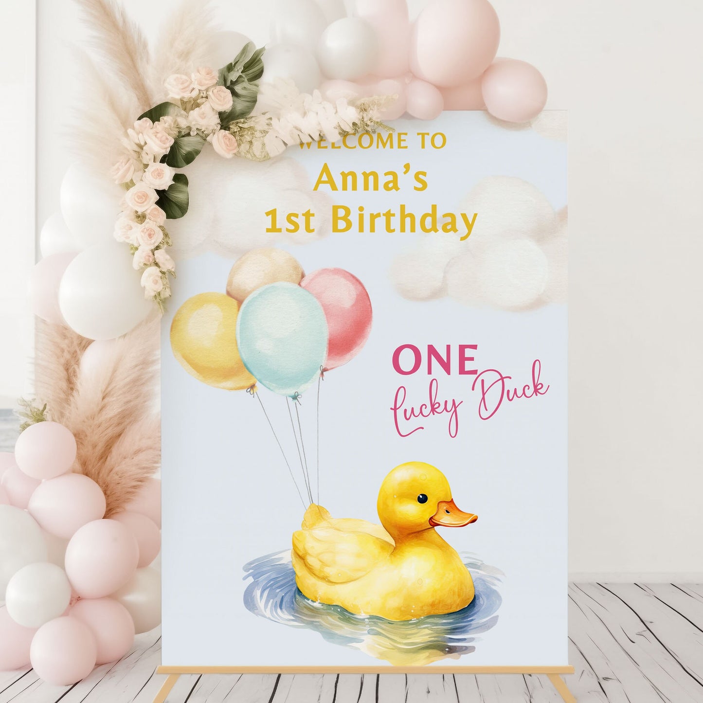 Duck First Birthday Party Welcome Sign One Lucky Duck Birthday Sign Rubber Duck Party Sign, Printed Foamboard