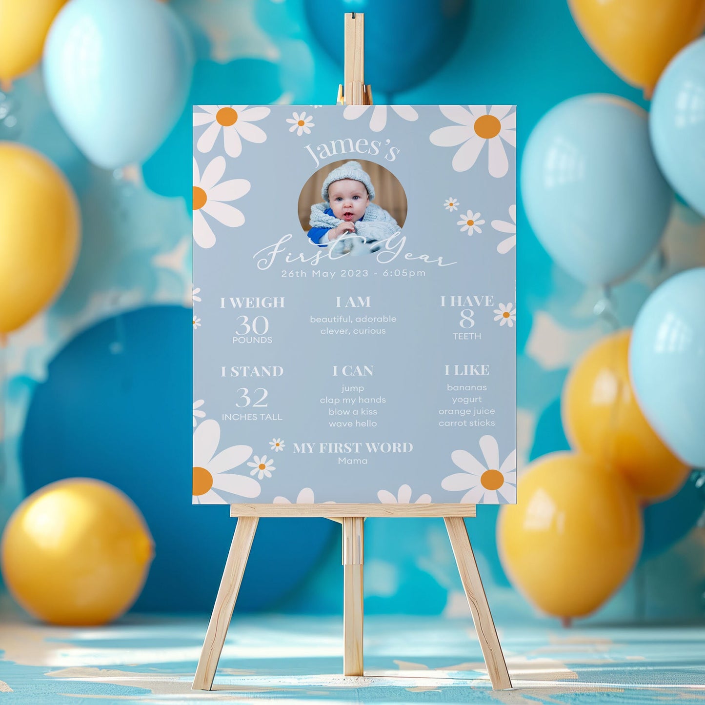 Blue Daisy First Birthday Milestone Sign 1st Year Milestone Sign in Blue Boho Theme Son 1st Birthday Party, Printed Foamboard