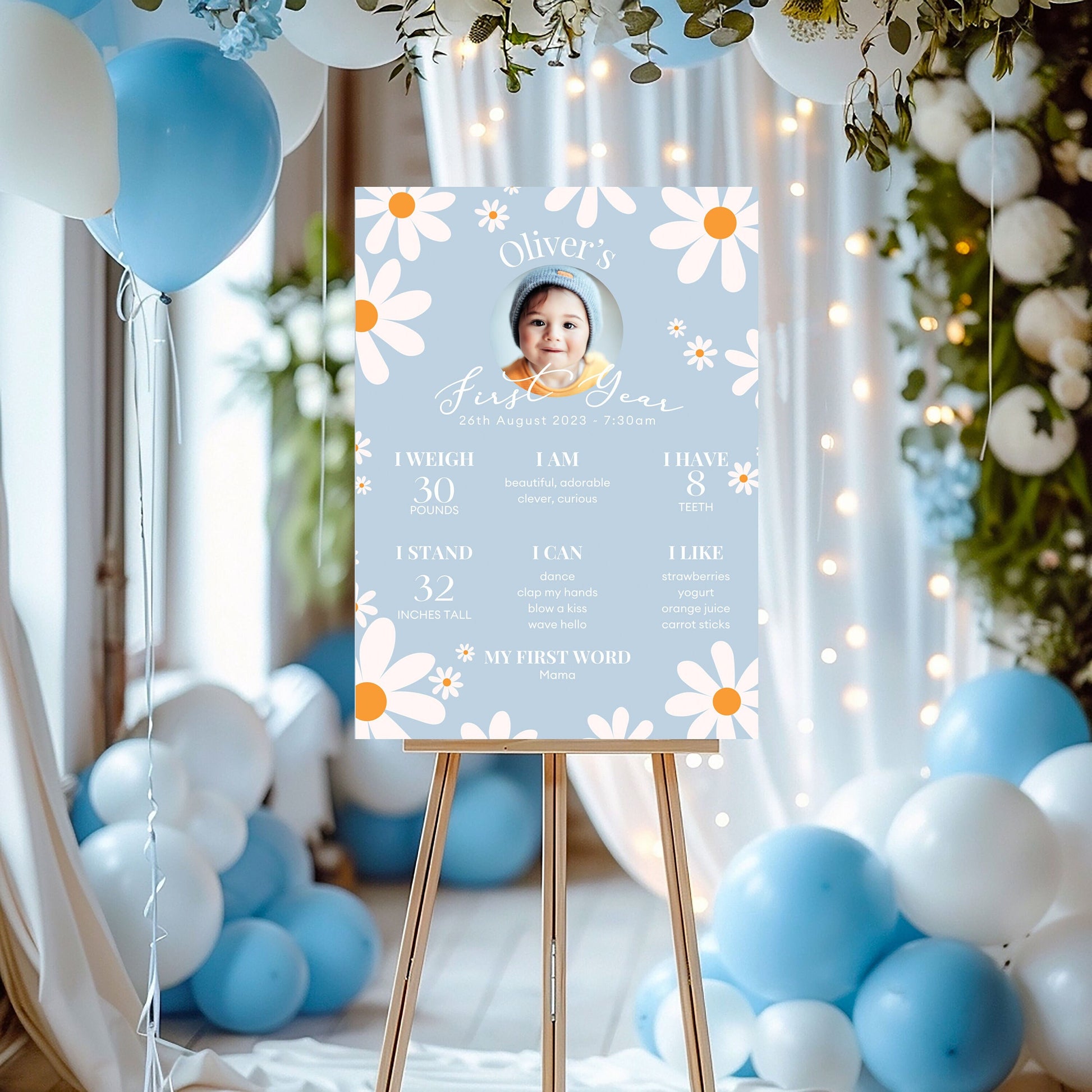 Blue Daisy First Birthday Milestone Sign 1st Year Milestone Sign in Blue Boho Theme Son 1st Birthday Party, Printed Foamboard