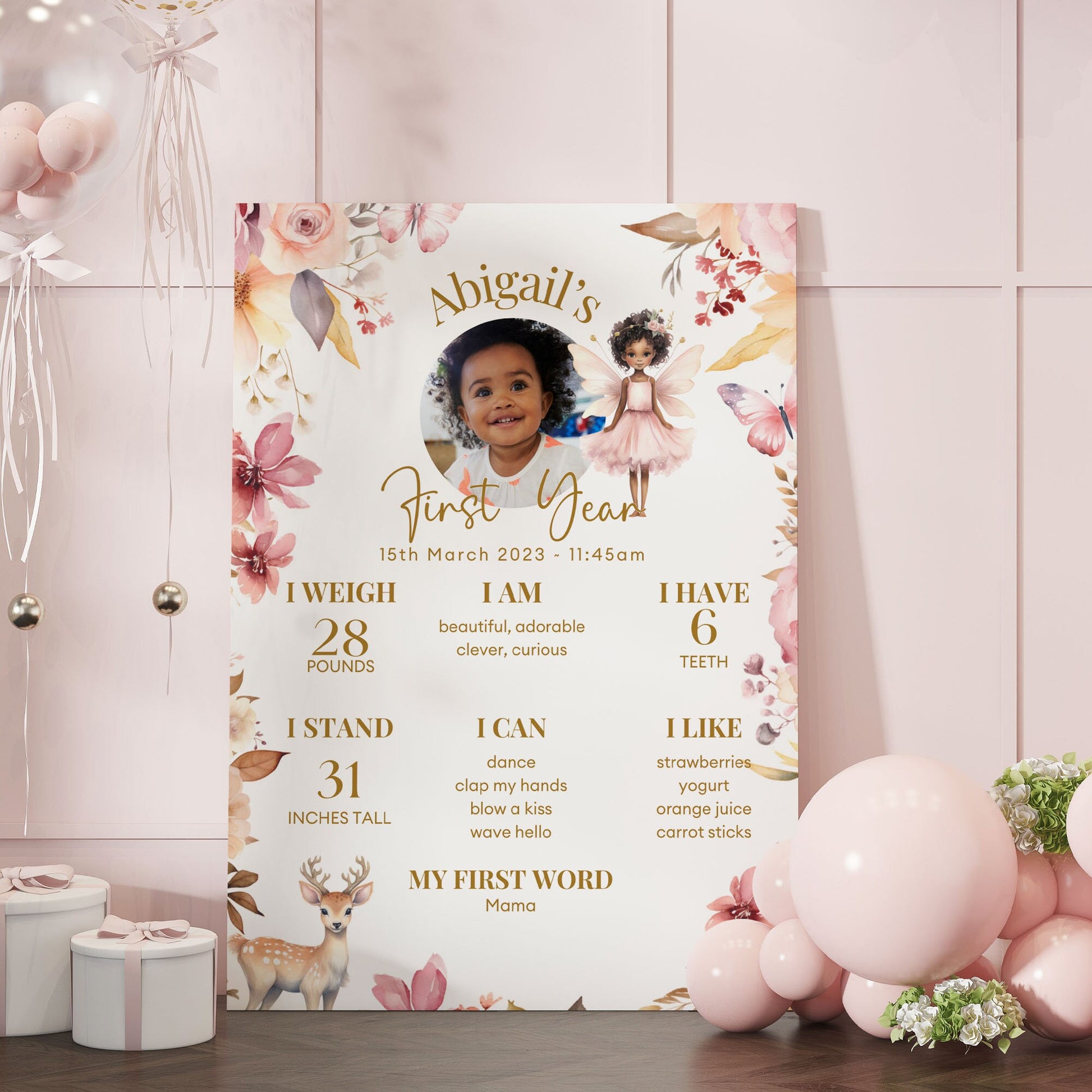 Pink 1st Birthday Milestone Sign First Year Milestone Sign My Fairy First Birthday Décor Fairy Garden Party Sign, Printed Foamboard