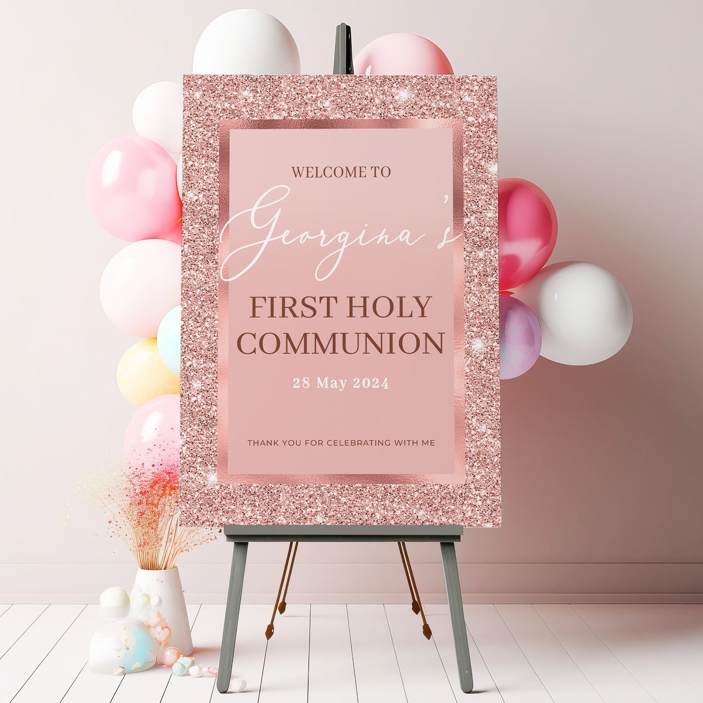 Rose Gold Holy Communion, Christening, Baptism or Naming Day Welcome Sign Pink Welcome Sign, Printed Foamboard