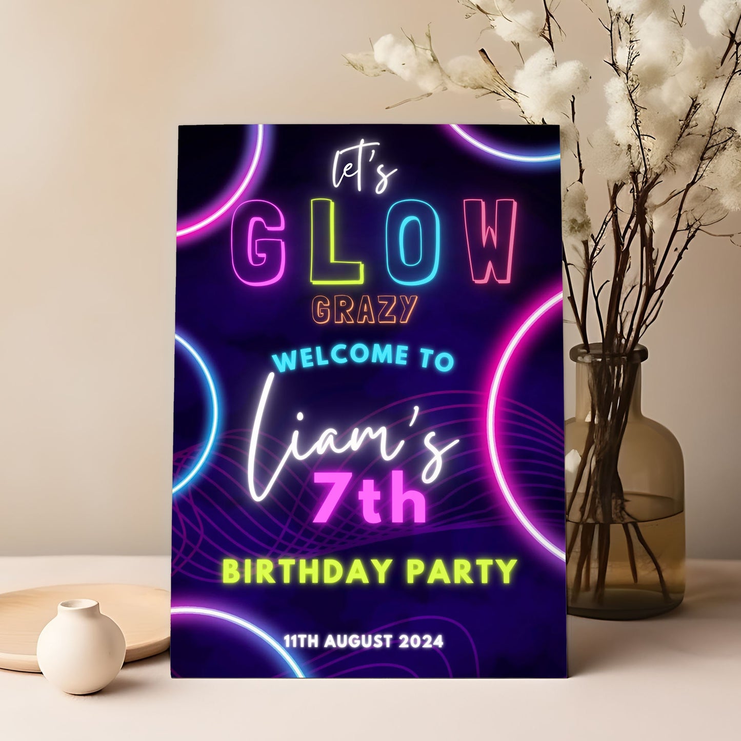 Glow Party Welcome Sign Neon Glow Birthday Party Custom Sign Girls Birthday Party Sign Let's Glow Crazy Party Sign School Leavers Party Sign