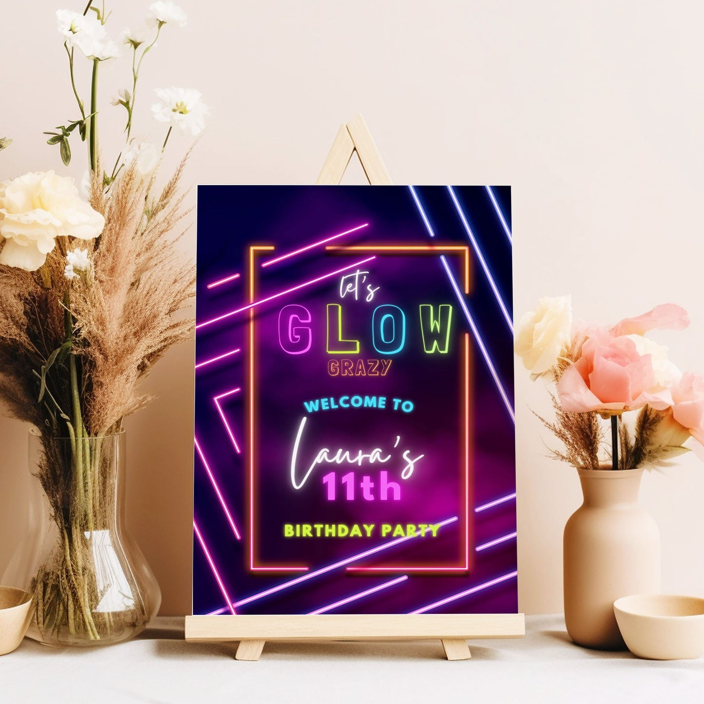 Let's Glow Crazy Party Sign Neon Birthday Party Sign Glow Party Custom Sign Girls Birthday Party Sign School Leavers Party Sign