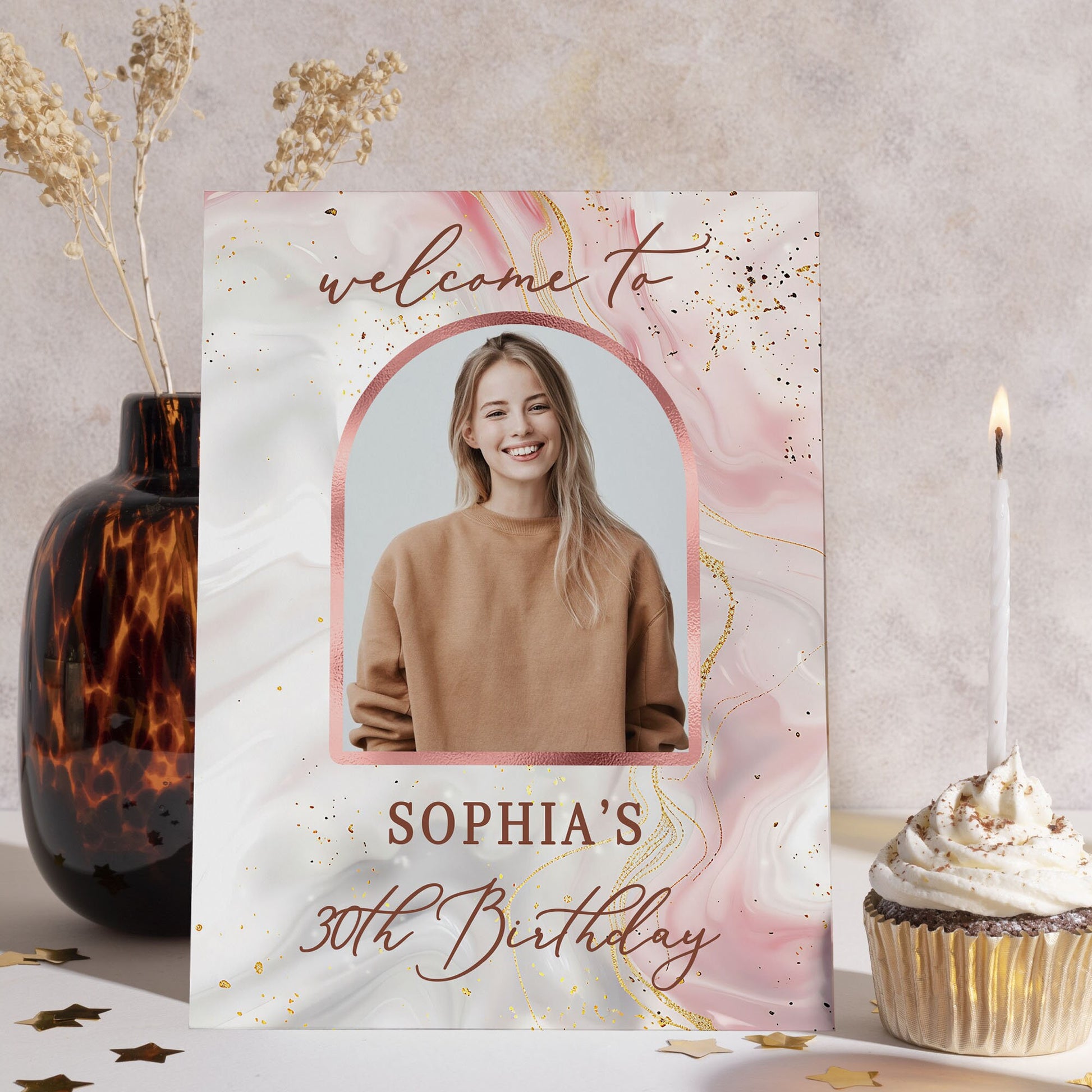 Rose Gold Birthday Party Welcome Sign with Photo 18th Birthday Party Welcome Sign 21st Birthday Party Pink Party Decor Photo Party Sign