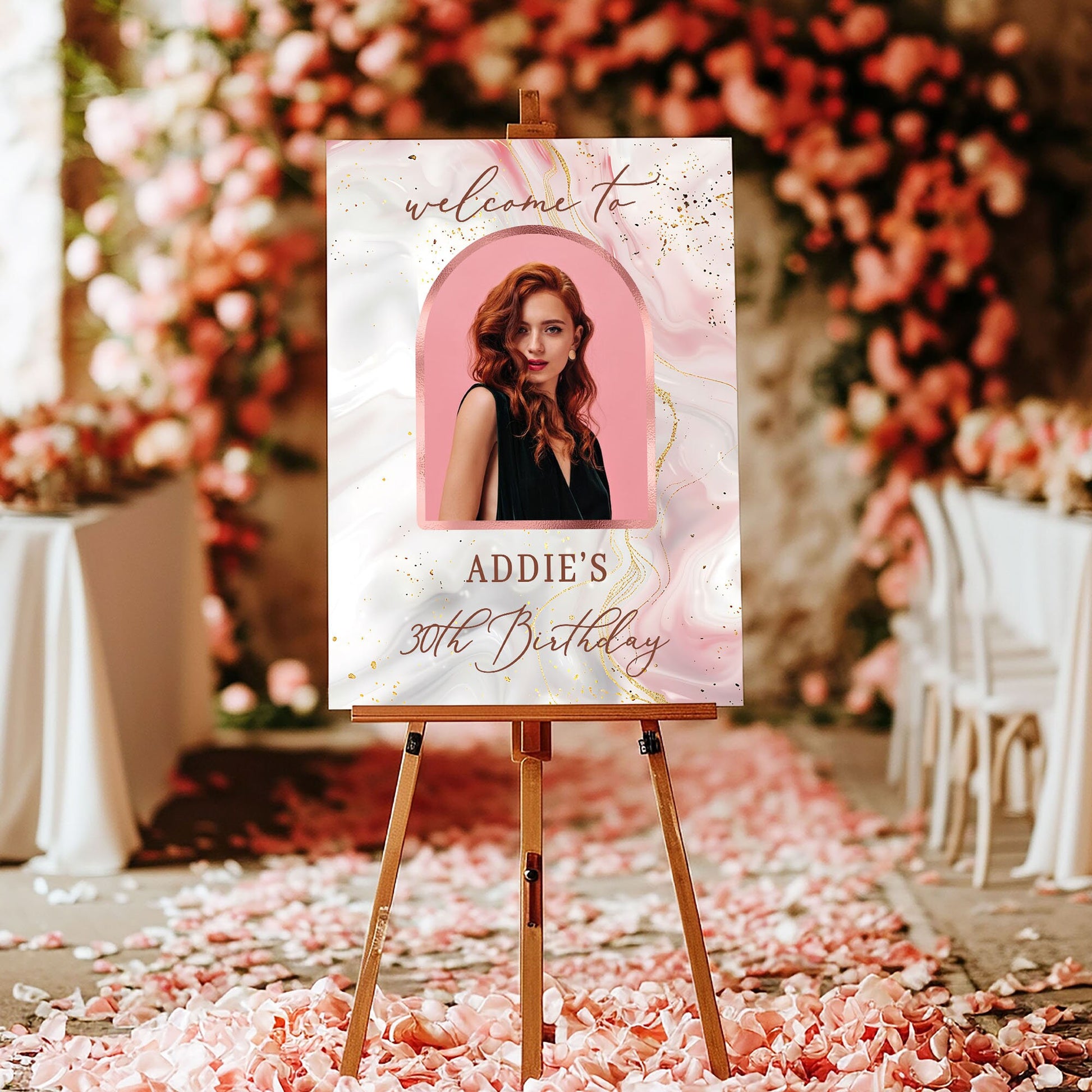 Rose Gold Birthday Party Welcome Sign with Photo 18th Birthday Party Welcome Sign 21st Birthday Party Pink Party Decor Photo Party Sign