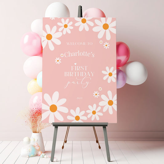 Pink Boho 1st Birthday Party Sign Pink Daisy Birthday Welcome Sign Girl 1st Birthday Welcome Board, Printed Foamboard