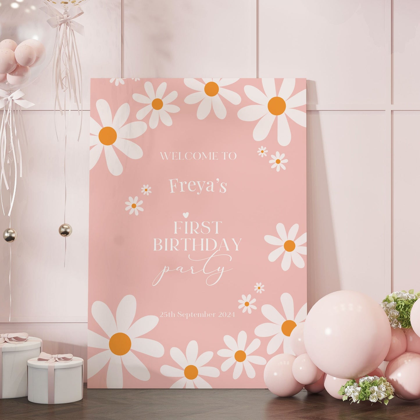 Pink Boho 1st Birthday Party Sign Pink Daisy Birthday Welcome Sign Girl 1st Birthday Welcome Board, Printed Foamboard