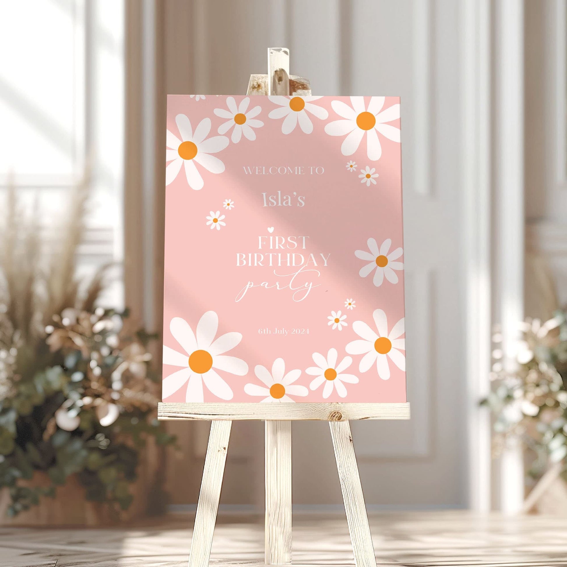 Pink Boho 1st Birthday Party Sign Pink Daisy Birthday Welcome Sign Girl 1st Birthday Welcome Board, Printed Foamboard