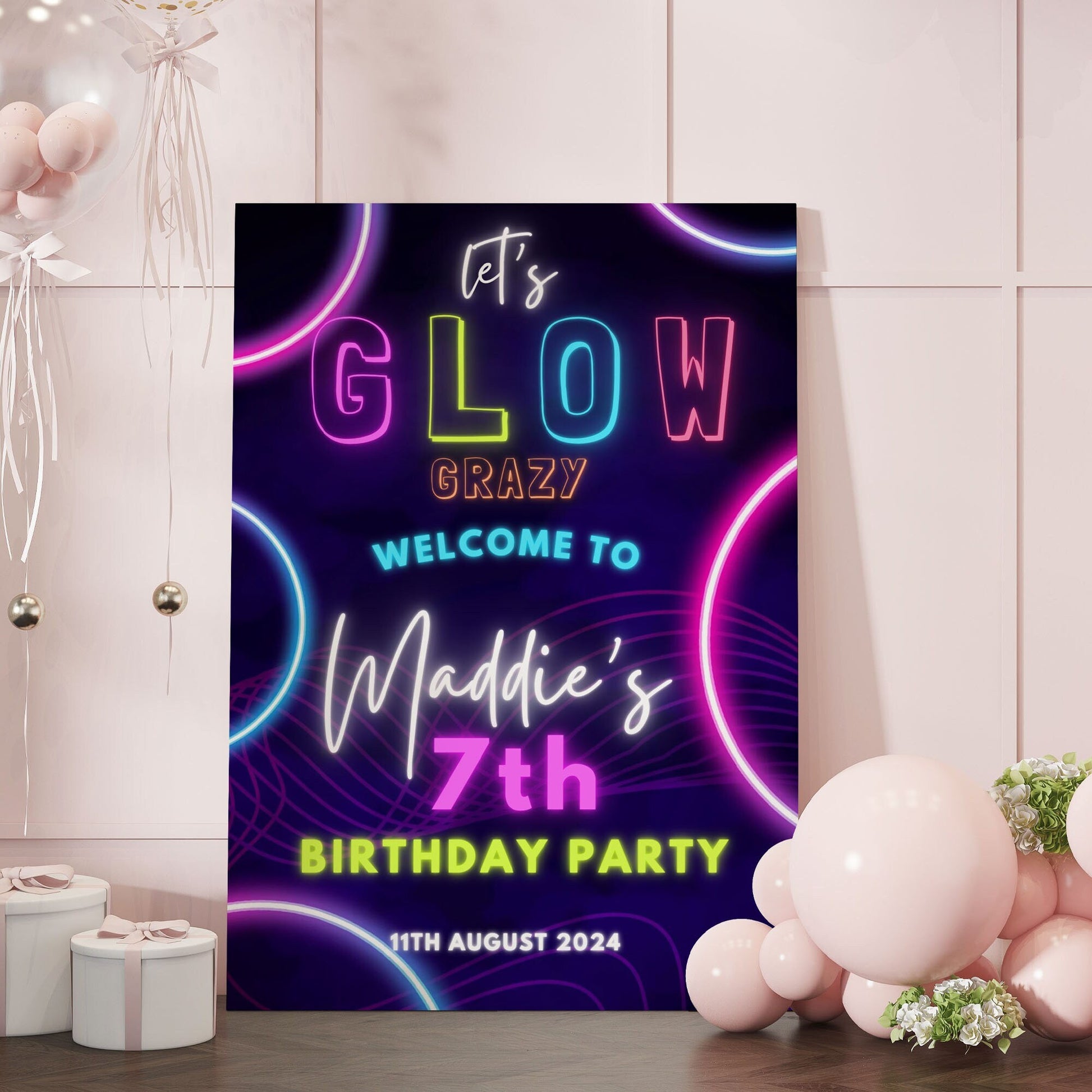 Glow Party Welcome Sign Neon Glow Birthday Party Custom Sign Girls Birthday Party Sign Let's Glow Crazy Party Sign School Leavers Party Sign