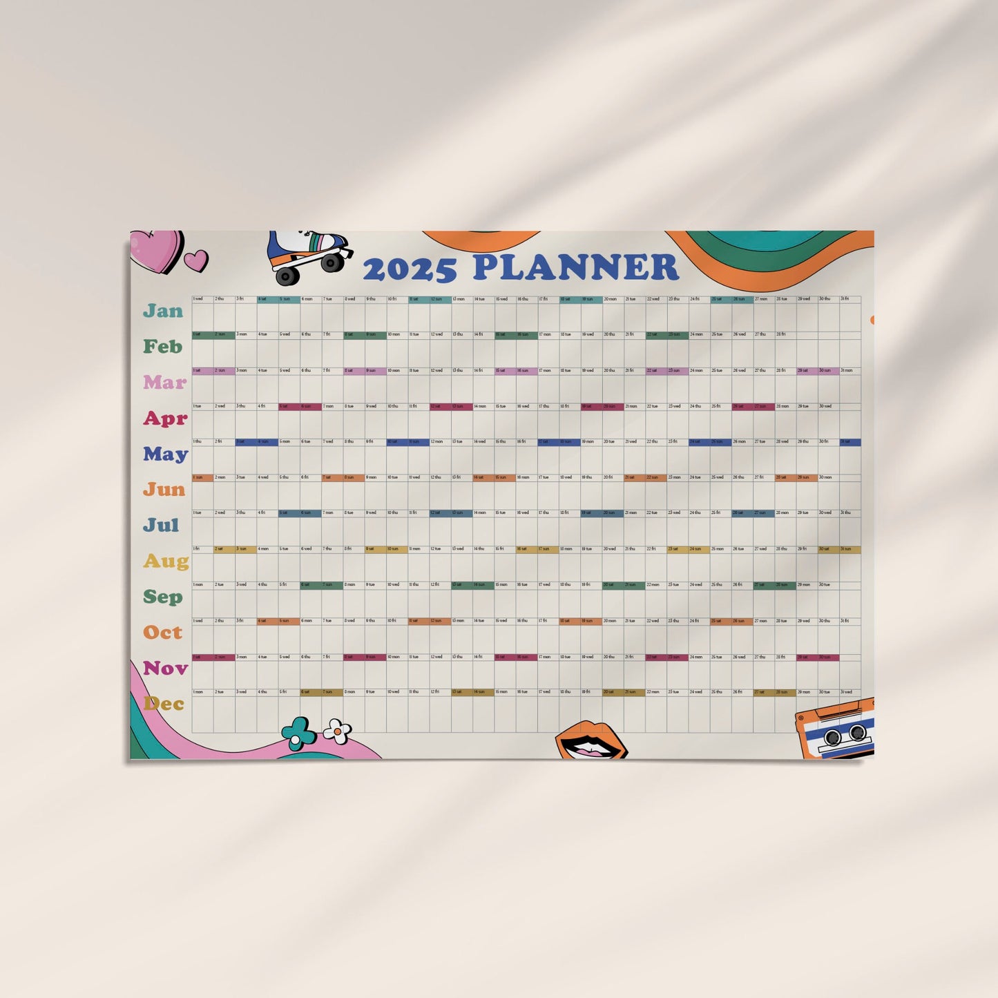 Retro 2025 Year Wall Calendar, A1 Year Planner, Large Annual Wall Planner, A1 Office Wall Planner, Year to View Calendar, Monthly Calendar