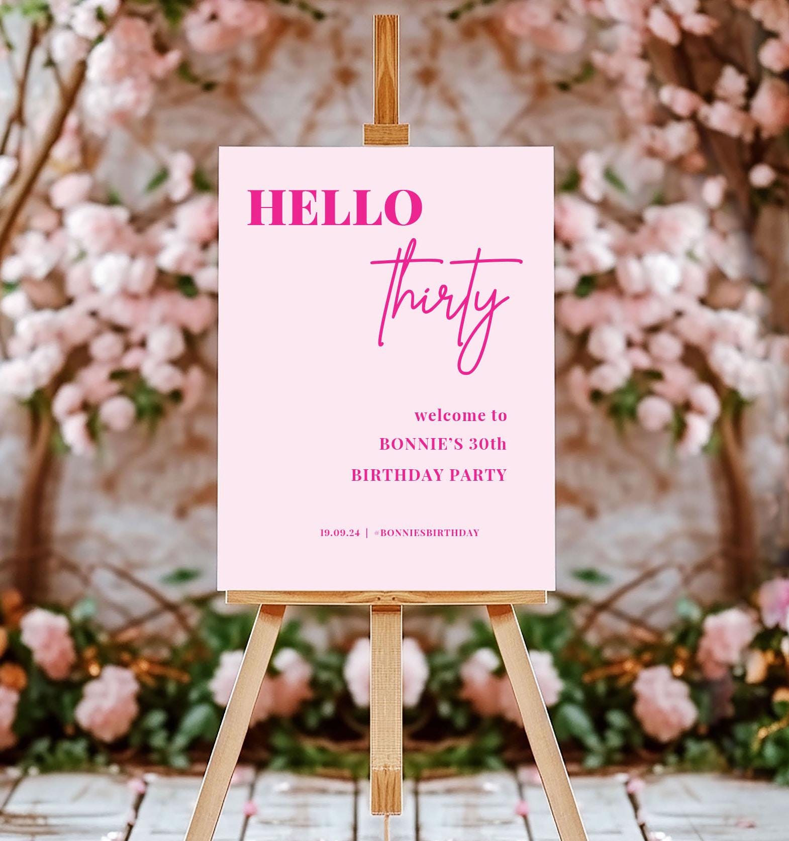 Neon Pink Hello 30 Welcome Party Sign