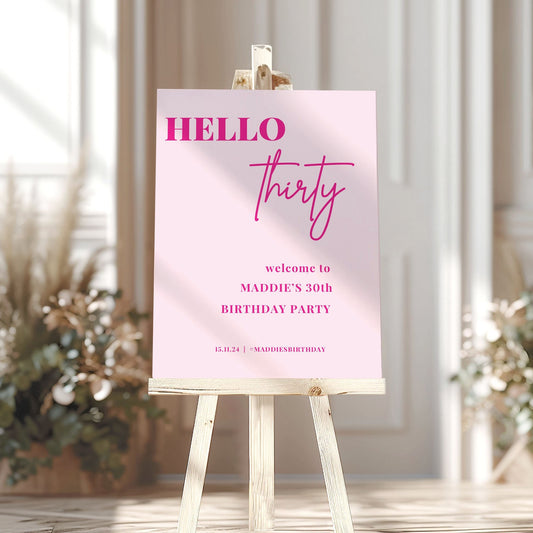 Neon Pink Hello 30 Welcome Party Sign