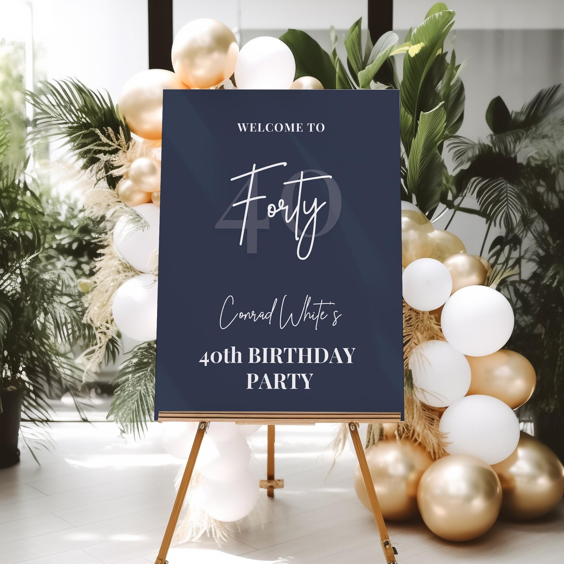 Navy 40th Birthday Party Welcome Sign