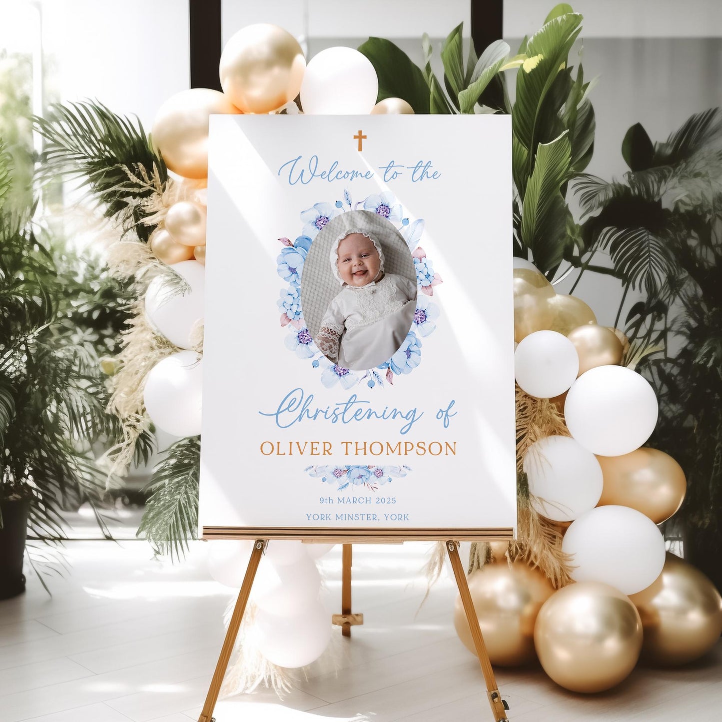 Blue Christening Welcome Sign with Photo Baptism Sign Son Baptism Day Decorations Blue Naming Day or Dedication Day Sign, Printed Foamboard