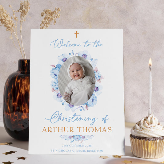 Blue Christening Welcome Sign with Photo Baptism Sign Son Baptism Day Decorations Blue Naming Day or Dedication Day Sign, Printed Foamboard