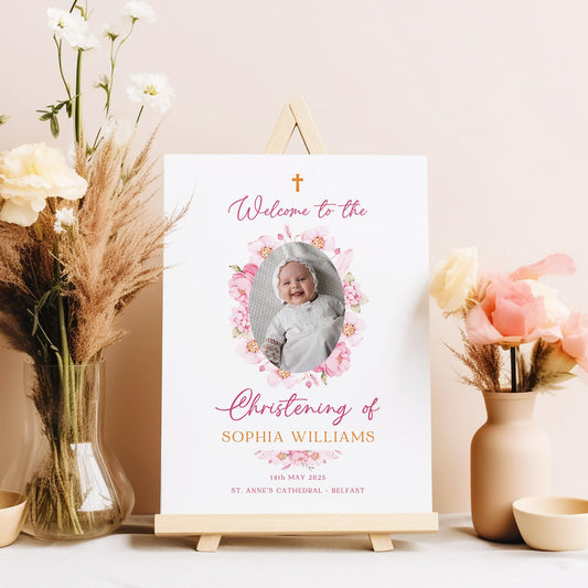 Pink Baptism Welcome Sign with Photo Christening Welcome Sign Daughter Baptism Day Pink Floral Naming Day Sign, Printed Foamboard