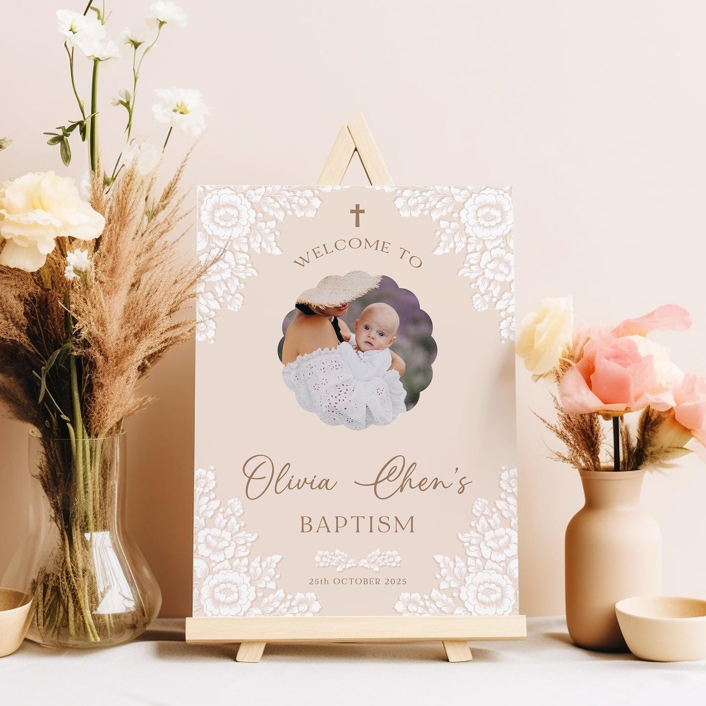 Personalised Baptism Welcome Sign with Photo Christening Welcome Sign Daughter Baptism Day Neutral Naming Day Sign, Printed Foamboard