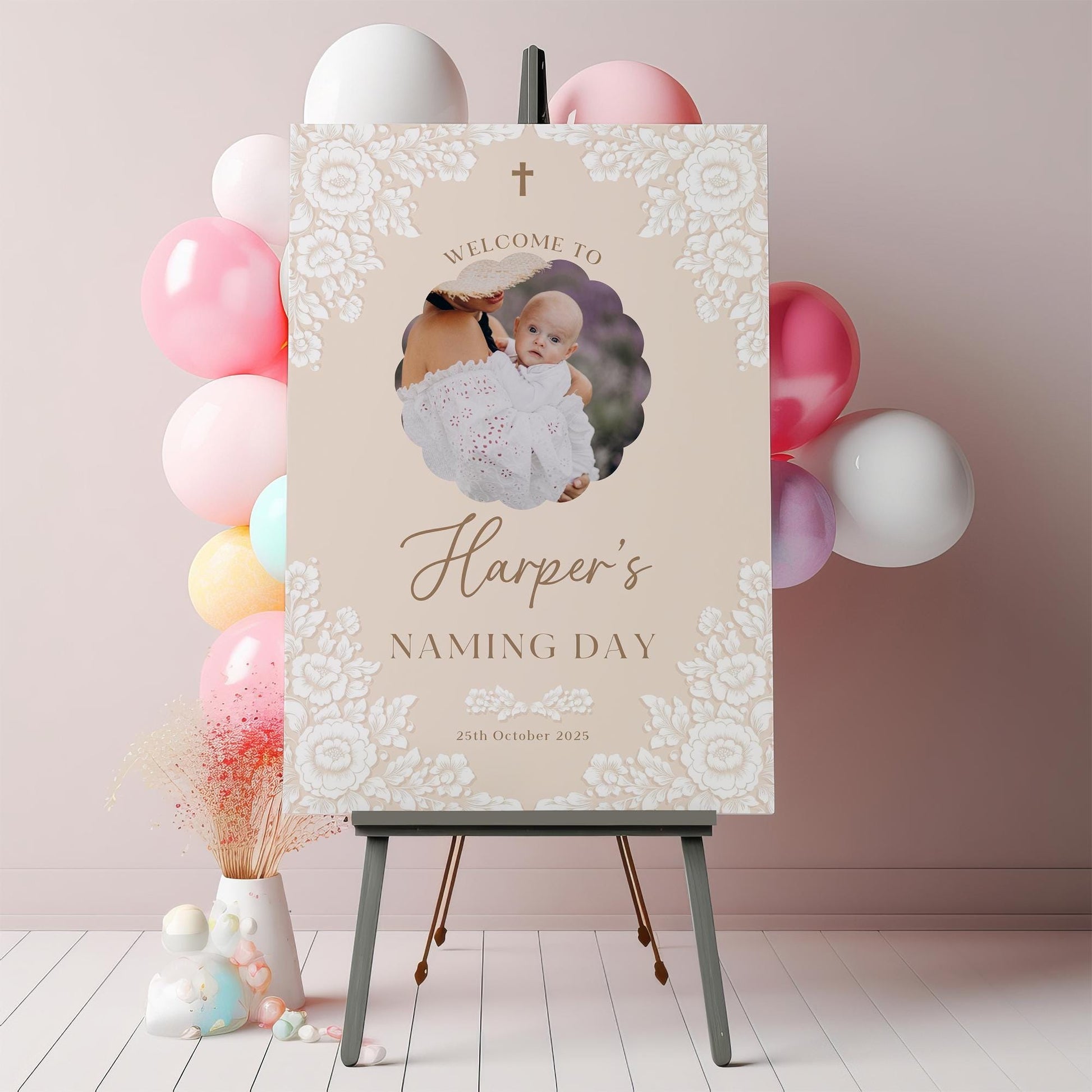 Personalised Baptism Welcome Sign with Photo Christening Welcome Sign Daughter Baptism Day Neutral Naming Day Sign, Printed Foamboard