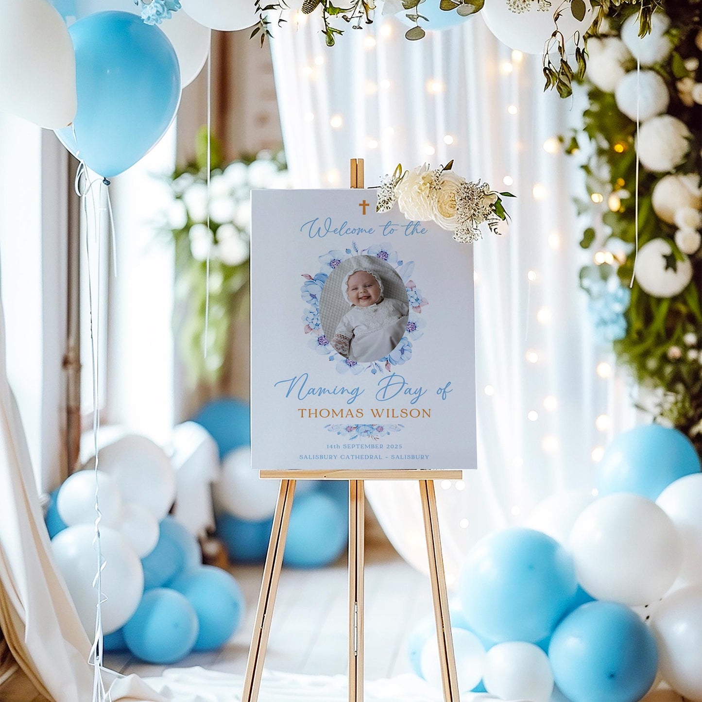 Blue Christening Welcome Sign with Photo Baptism Sign Son Baptism Day Decorations Blue Naming Day or Dedication Day Sign, Printed Foamboard