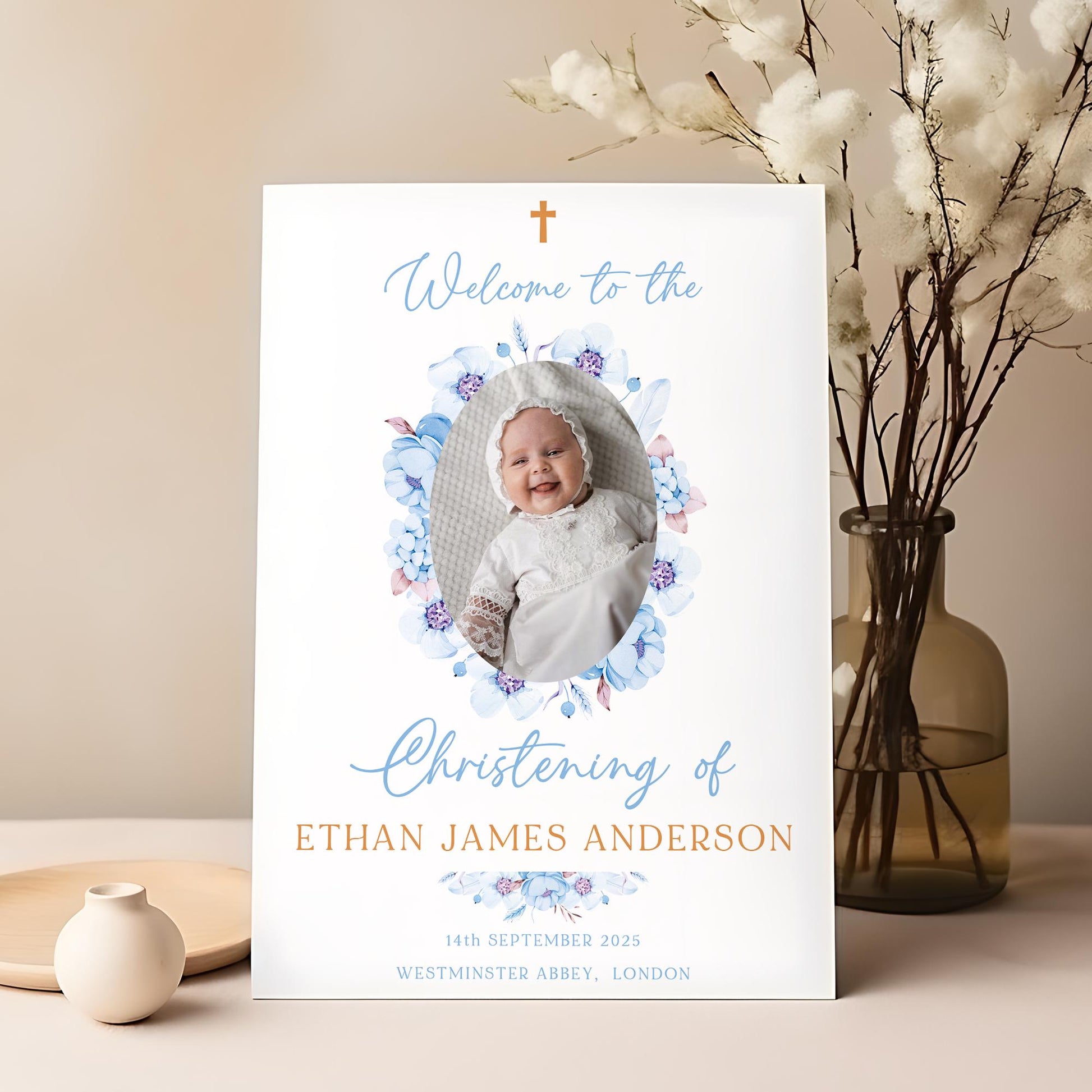 Blue Christening Welcome Sign with Photo Baptism Sign Son Baptism Day Decorations Blue Naming Day or Dedication Day Sign, Printed Foamboard