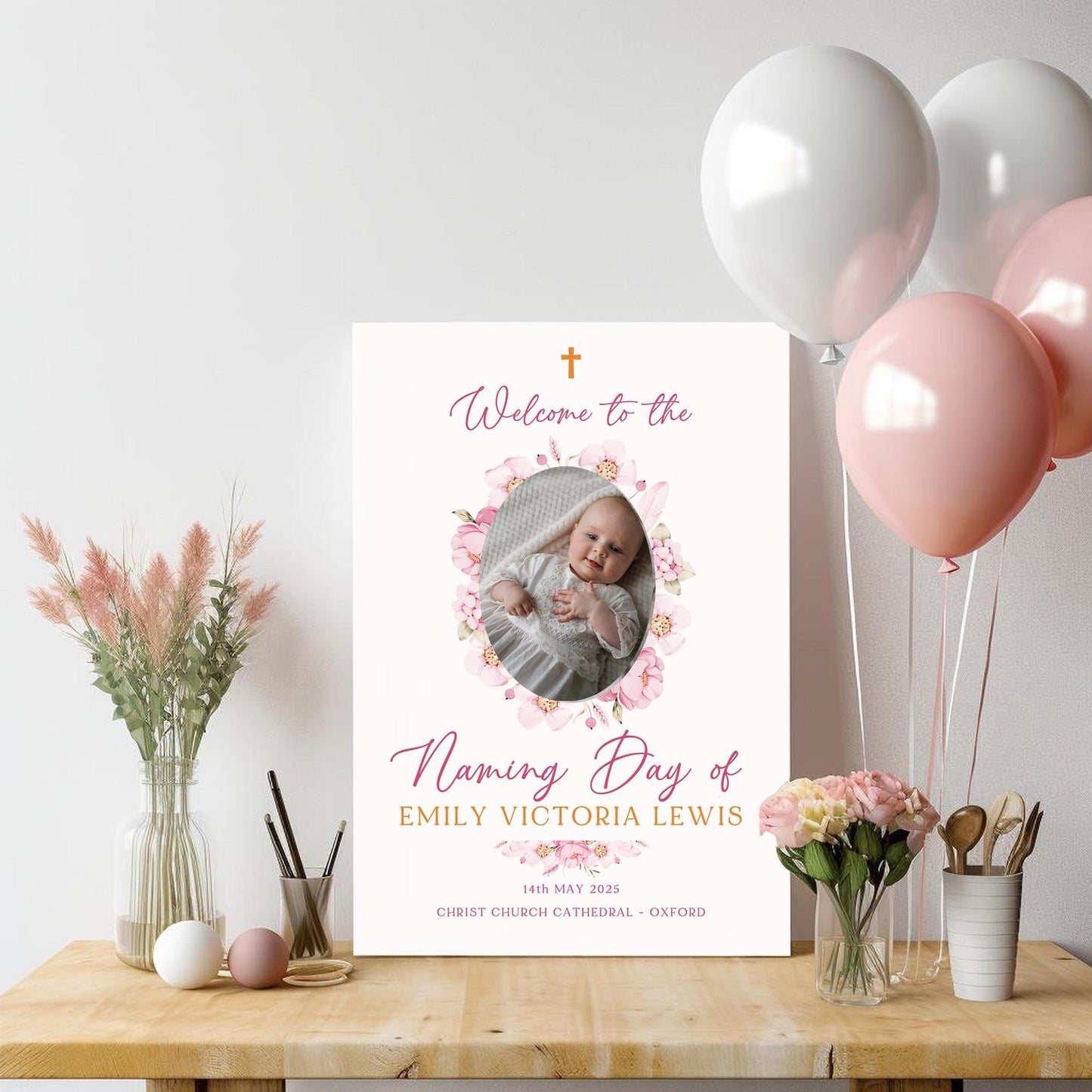 Pink Baptism Welcome Sign with Photo Christening Welcome Sign Daughter Baptism Day Pink Floral Naming Day Sign, Printed Foamboard