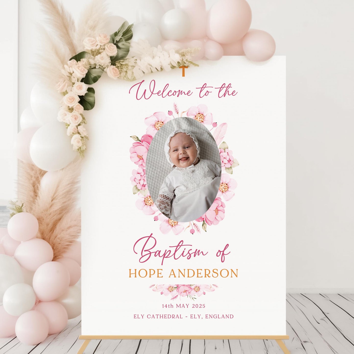 Pink Baptism Welcome Sign with Photo Christening Welcome Sign Daughter Baptism Day Pink Floral Naming Day Sign, Printed Foamboard