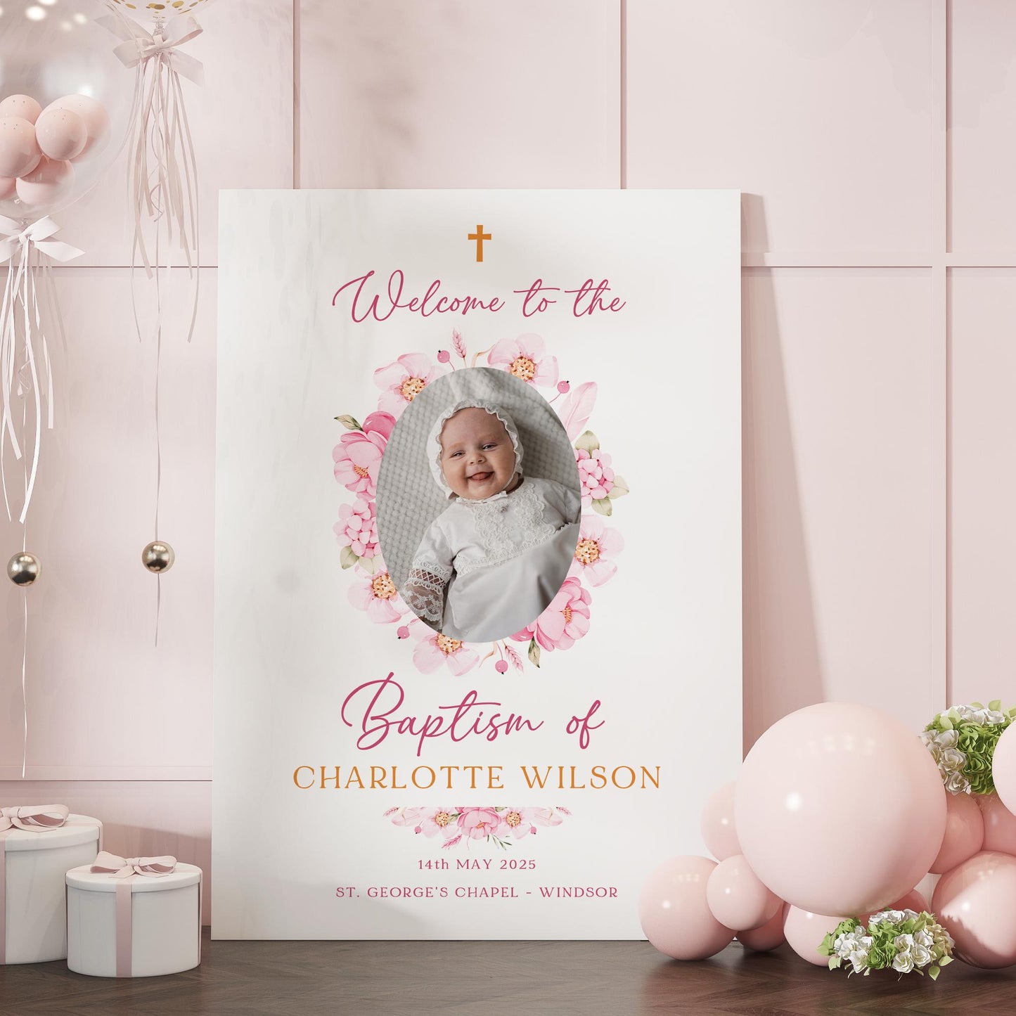 Pink Baptism Welcome Sign with Photo Christening Welcome Sign Daughter Baptism Day Pink Floral Naming Day Sign, Printed Foamboard