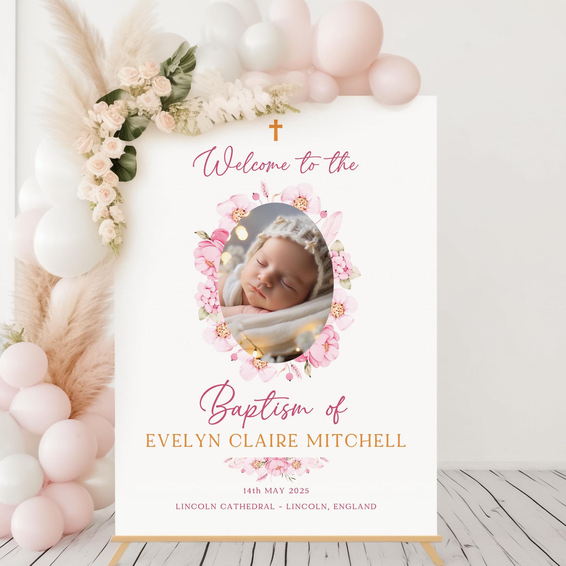 Pink Baptism Welcome Sign with Photo Christening Welcome Sign Daughter Baptism Day Pink Floral Naming Day Sign, Printed Foamboard