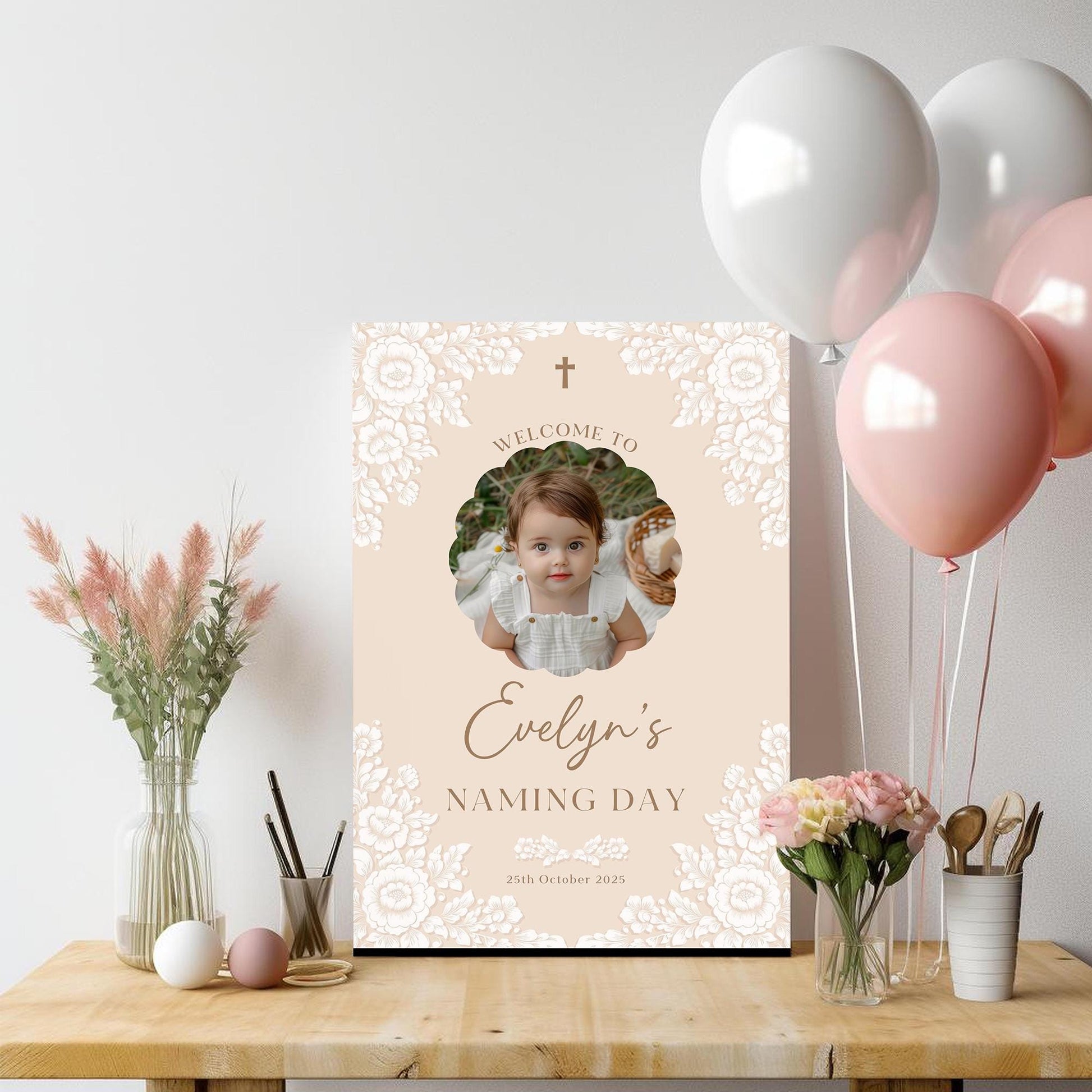 Personalised Baptism Welcome Sign with Photo Christening Welcome Sign Daughter Baptism Day Neutral Naming Day Sign, Printed Foamboard