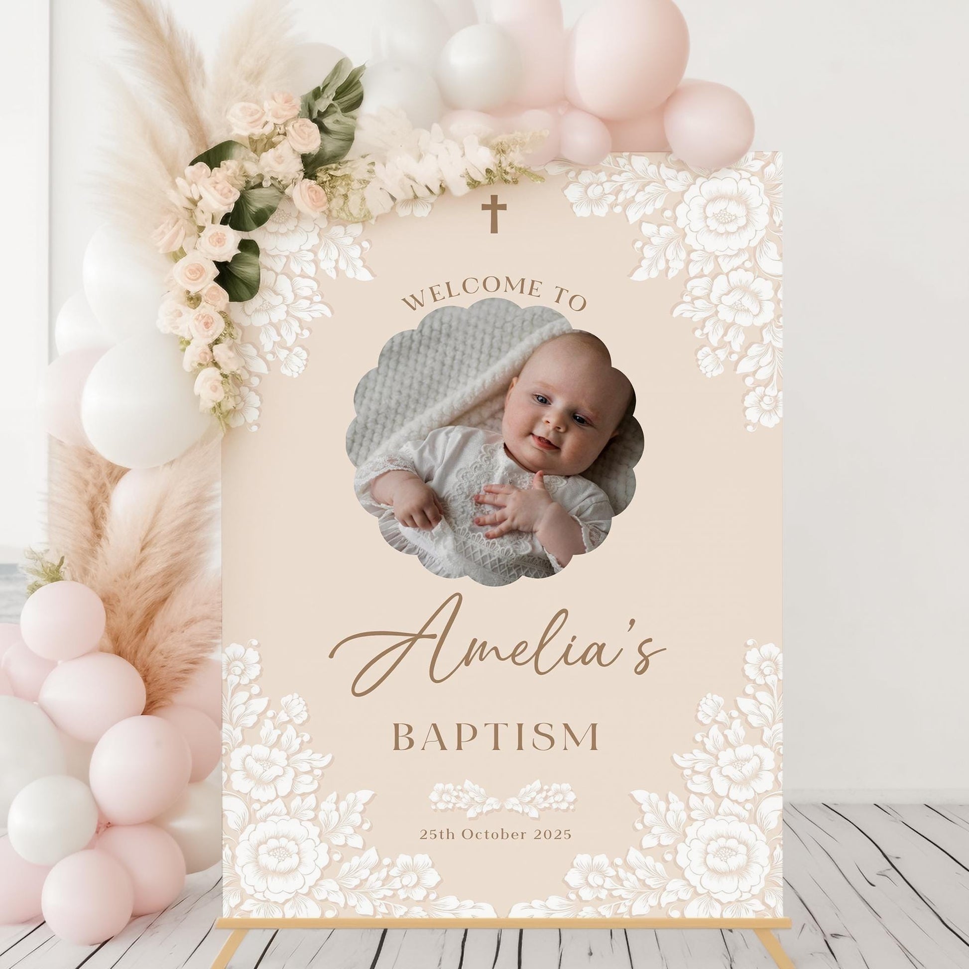 Personalised Baptism Welcome Sign with Photo Christening Welcome Sign Daughter Baptism Day Neutral Naming Day Sign, Printed Foamboard