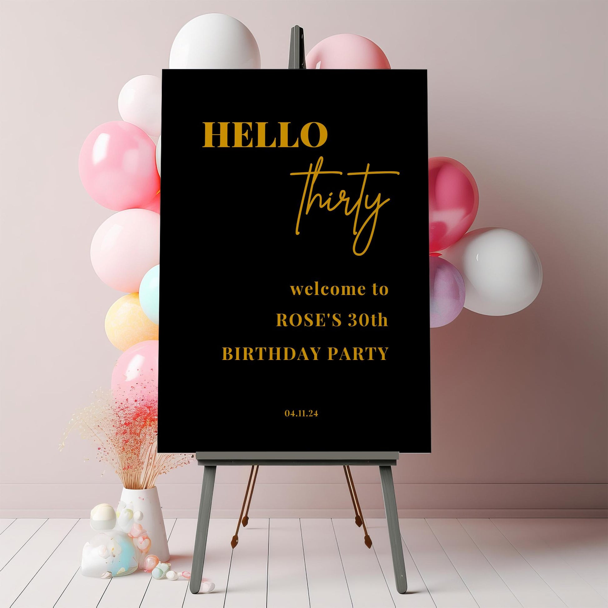 Black and Gold Hello 30 Welcome Party Sign, Gold 30th Birthday Party Sign, Minimalist Birthday Party Welcome Sign, ANY AGE