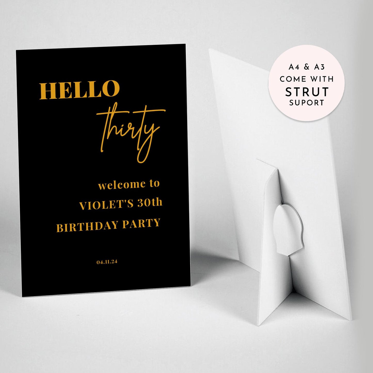 Black and Gold Hello 30 Welcome Party Sign, Gold 30th Birthday Party Sign, Minimalist Birthday Party Welcome Sign, ANY AGE