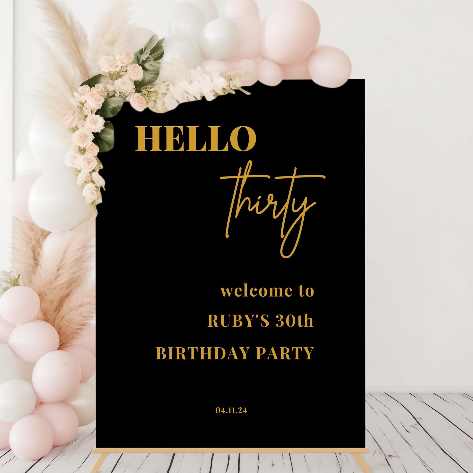 Black and Gold Hello 30 Welcome Party Sign, Gold 30th Birthday Party Sign, Minimalist Birthday Party Welcome Sign, ANY AGE