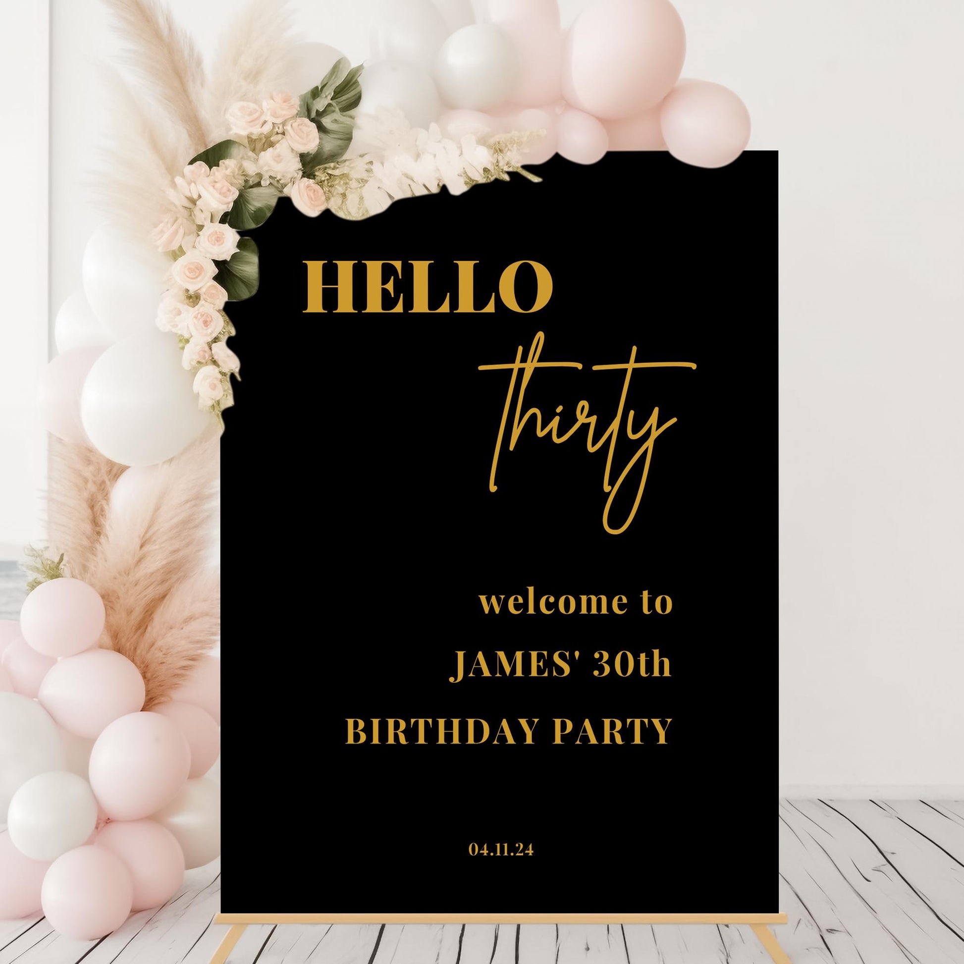 Black and Gold Hello 30 Welcome Party Sign, Gold 30th Birthday Party Sign, Minimalist Birthday Party Welcome Sign, ANY AGE