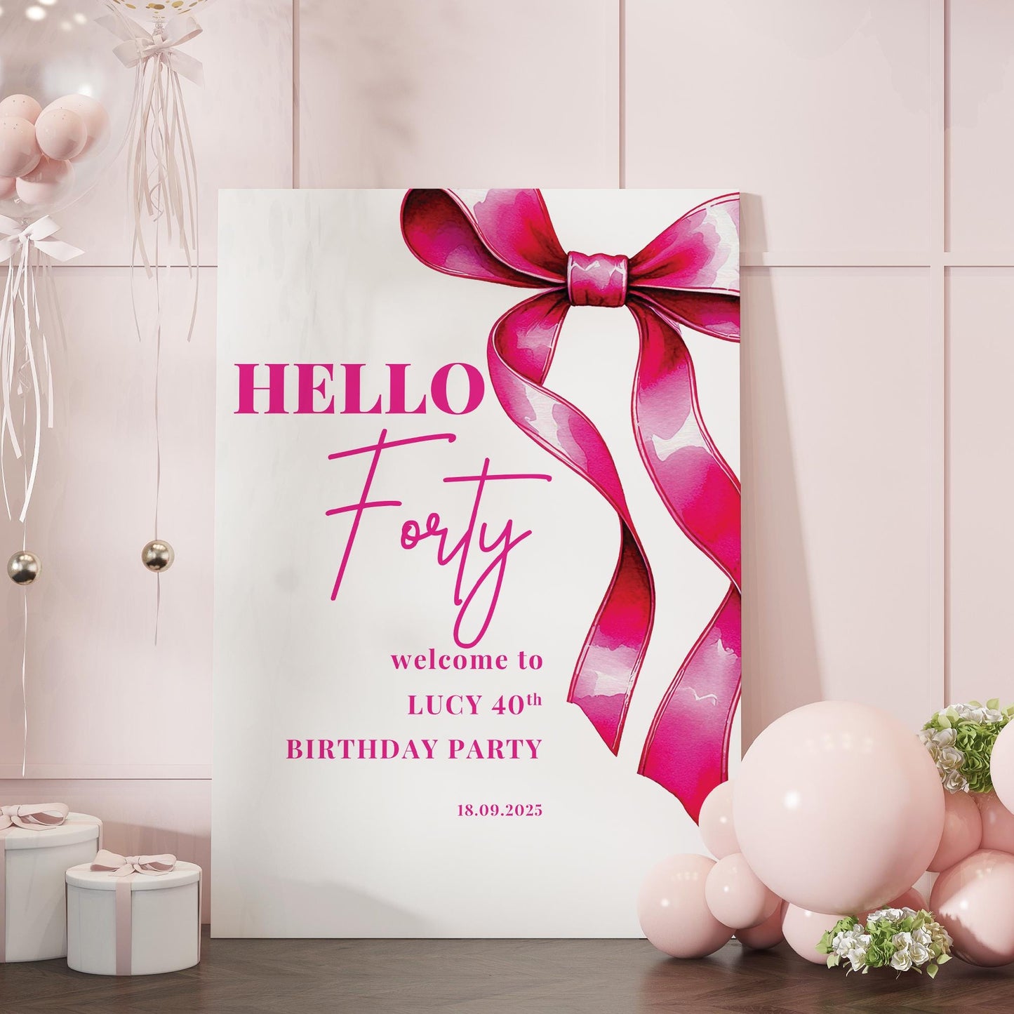 Pink Bow Birthday Photobooth Frame + Welcome Sign - 2 Piece Set- Bow Birthday Sign, 18th Birthday, 21st Birthday, 30th Birthday, ANY AGE