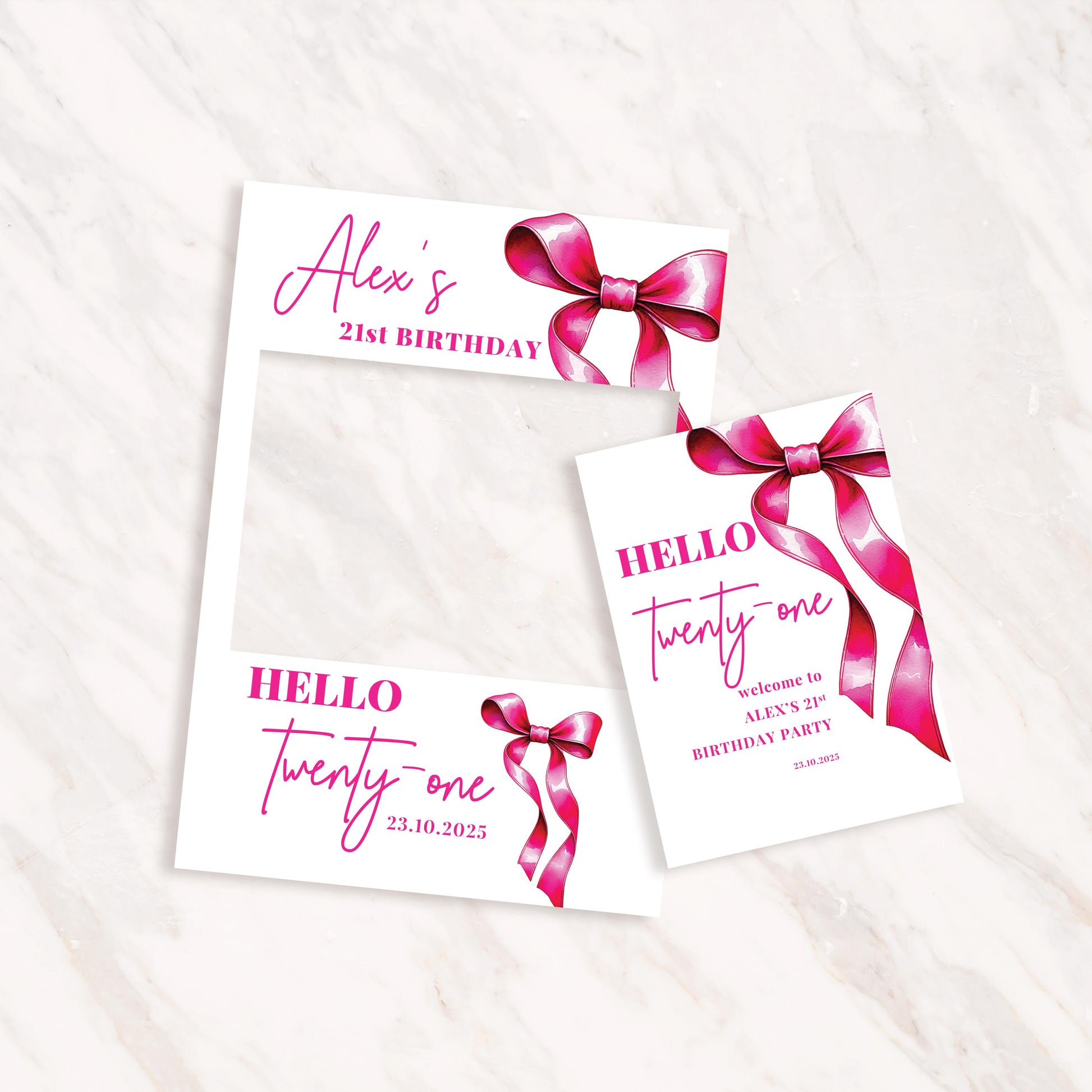 Pink Bow Birthday Photobooth Frame + Welcome Sign - 2 Piece Set- Bow Birthday Sign, 18th Birthday, 21st Birthday, 30th Birthday, ANY AGE