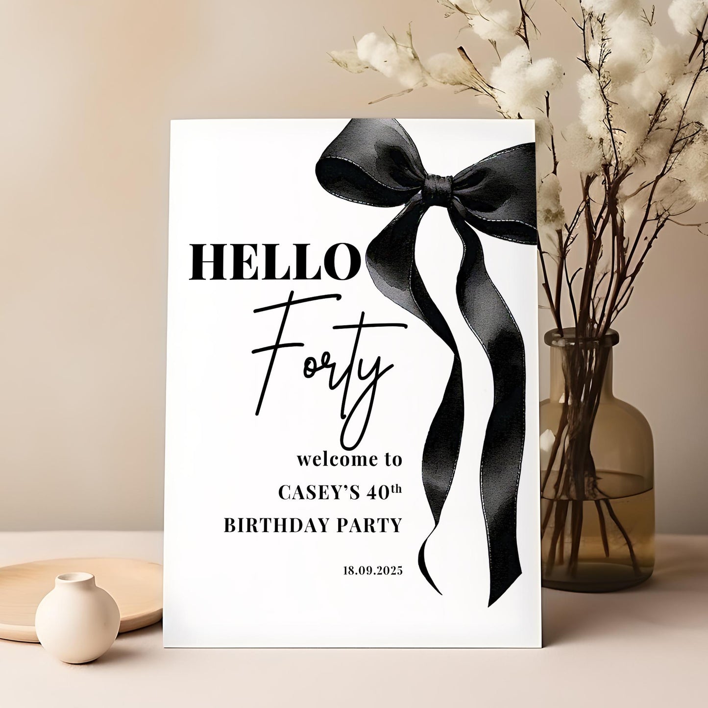 Black Bow Birthday Welcome Sign - Bow Birthday Sign, 18th Birthday, 21st Birthday, 30th Birthday, ANY AGE, Printed on 5mm Foamboard