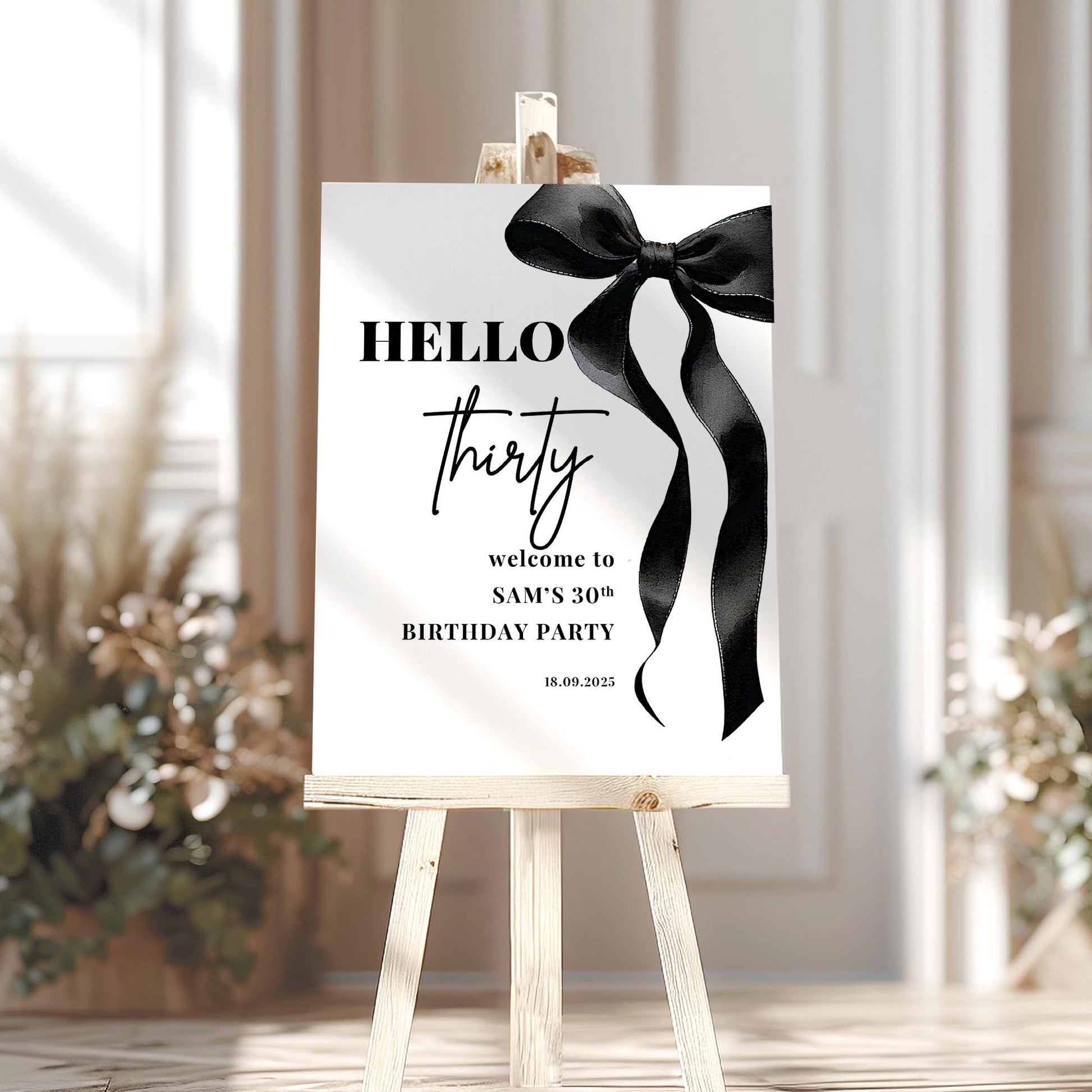 Black Bow Birthday Welcome Sign - Bow Birthday Sign, 18th Birthday, 21st Birthday, 30th Birthday, ANY AGE, Printed on 5mm Foamboard