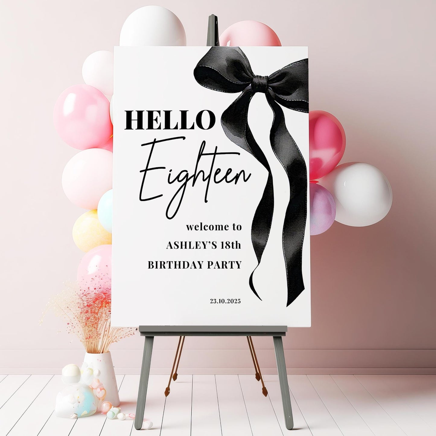 Black Bow Birthday Welcome Sign - Bow Birthday Sign, 18th Birthday, 21st Birthday, 30th Birthday, ANY AGE, Printed on 5mm Foamboard