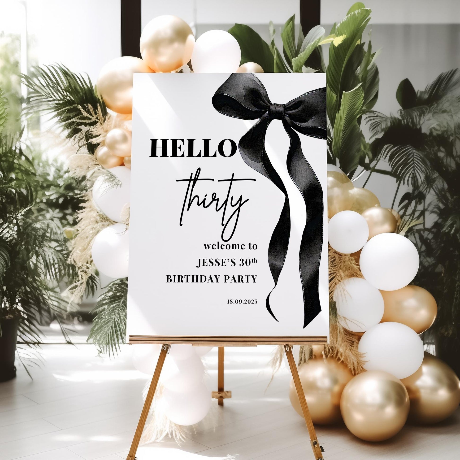 Black Bow Birthday Welcome Sign - Bow Birthday Sign, 18th Birthday, 21st Birthday, 30th Birthday, ANY AGE, Printed on 5mm Foamboard