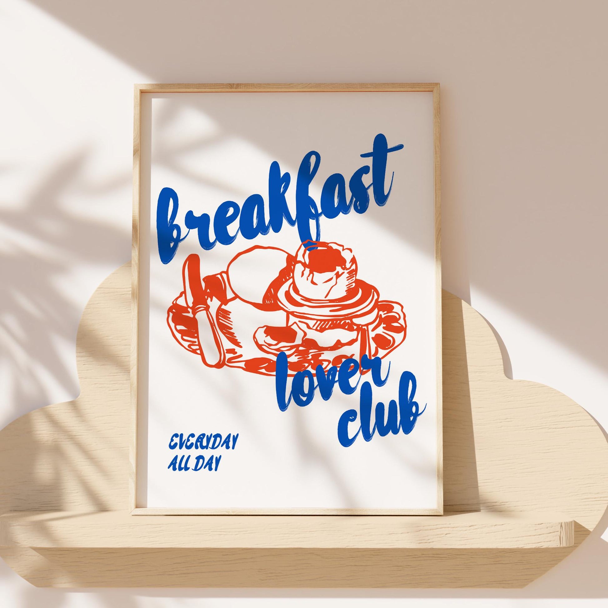 Breakfast Lover Club retro wall art print on fine art paper with vintage pancake illustration in blue and orange colors