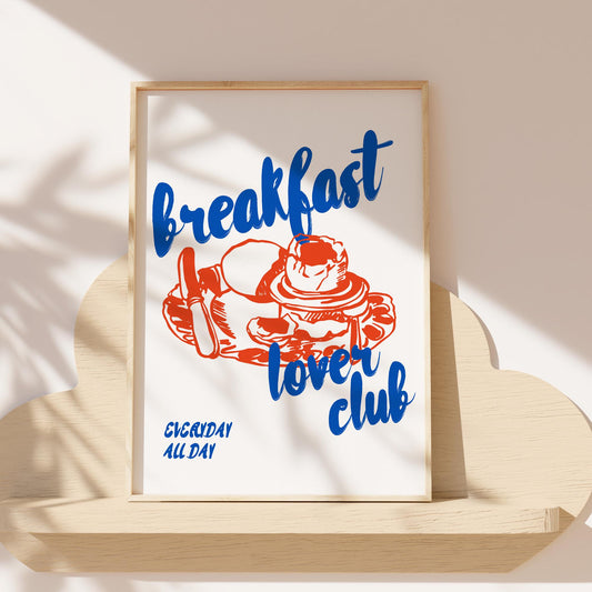 Breakfast Lover Club retro wall art print on fine art paper with vintage pancake illustration in blue and orange colors