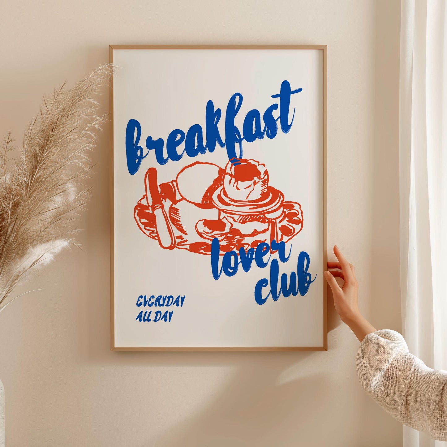 Breakfast themed wall decor print in retro style with blue lettering and orange pancake design matte coating