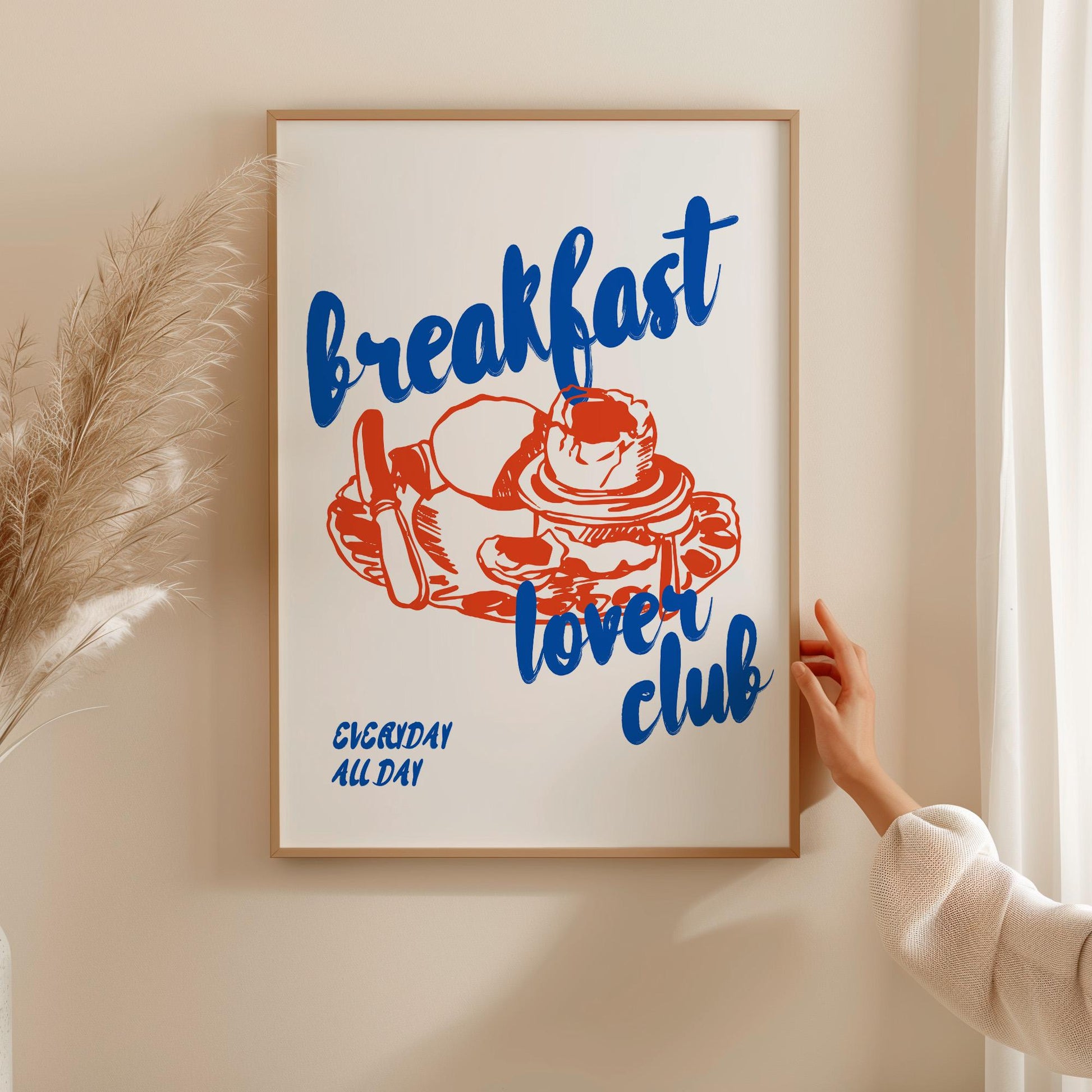 Breakfast themed wall decor print in retro style with blue lettering and orange pancake design matte coating