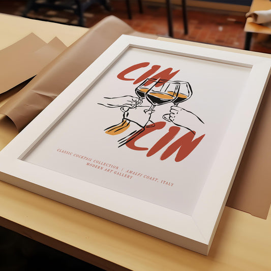 Italian wine bar decor poster featuring elegant hands clinking glasses with Cin Cin typography